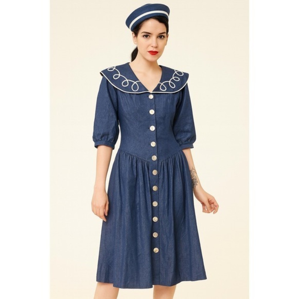 Vintage 80s Navy Blue Sailor Midi Dress with White Accents Medium